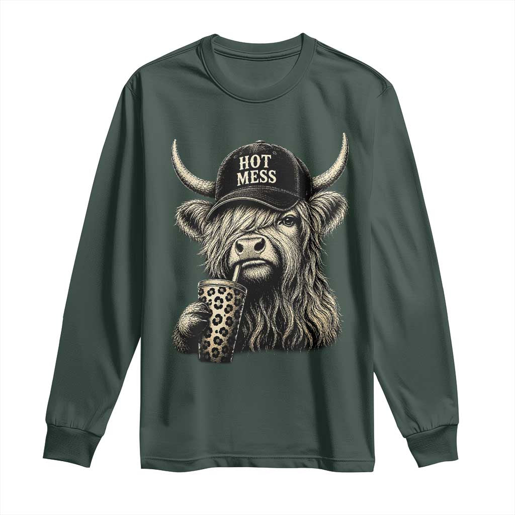 Hot Mess Highland Cow Sipping Iced Coffee Meme Long Sleeve Shirt Funny Sarcastic Everyday Life Country Western Style TS02 Dark Forest Green Print Your Wear
