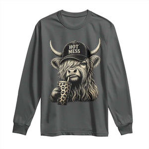Hot Mess Highland Cow Sipping Iced Coffee Meme Long Sleeve Shirt Funny Sarcastic Everyday Life Country Western Style TS02 Dark Heather Print Your Wear