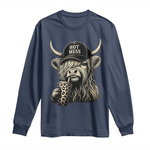 Hot Mess Highland Cow Sipping Iced Coffee Meme Long Sleeve Shirt Funny Sarcastic Everyday Life Country Western Style TS02 Navy Print Your Wear