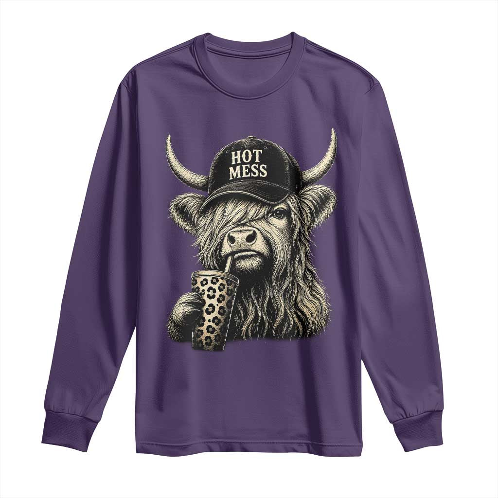 Hot Mess Highland Cow Sipping Iced Coffee Meme Long Sleeve Shirt Funny Sarcastic Everyday Life Country Western Style TS02 Purple Print Your Wear