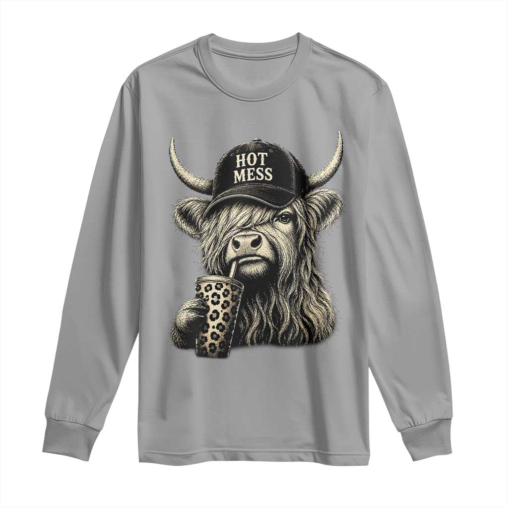 Hot Mess Highland Cow Sipping Iced Coffee Meme Long Sleeve Shirt Funny Sarcastic Everyday Life Country Western Style TS02 Sport Gray Print Your Wear