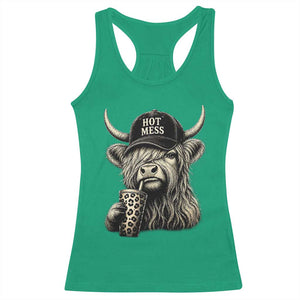 Hot Mess Highland Cow Sipping Iced Coffee Meme Racerback Tank Top Funny Sarcastic Everyday Life Country Western Style