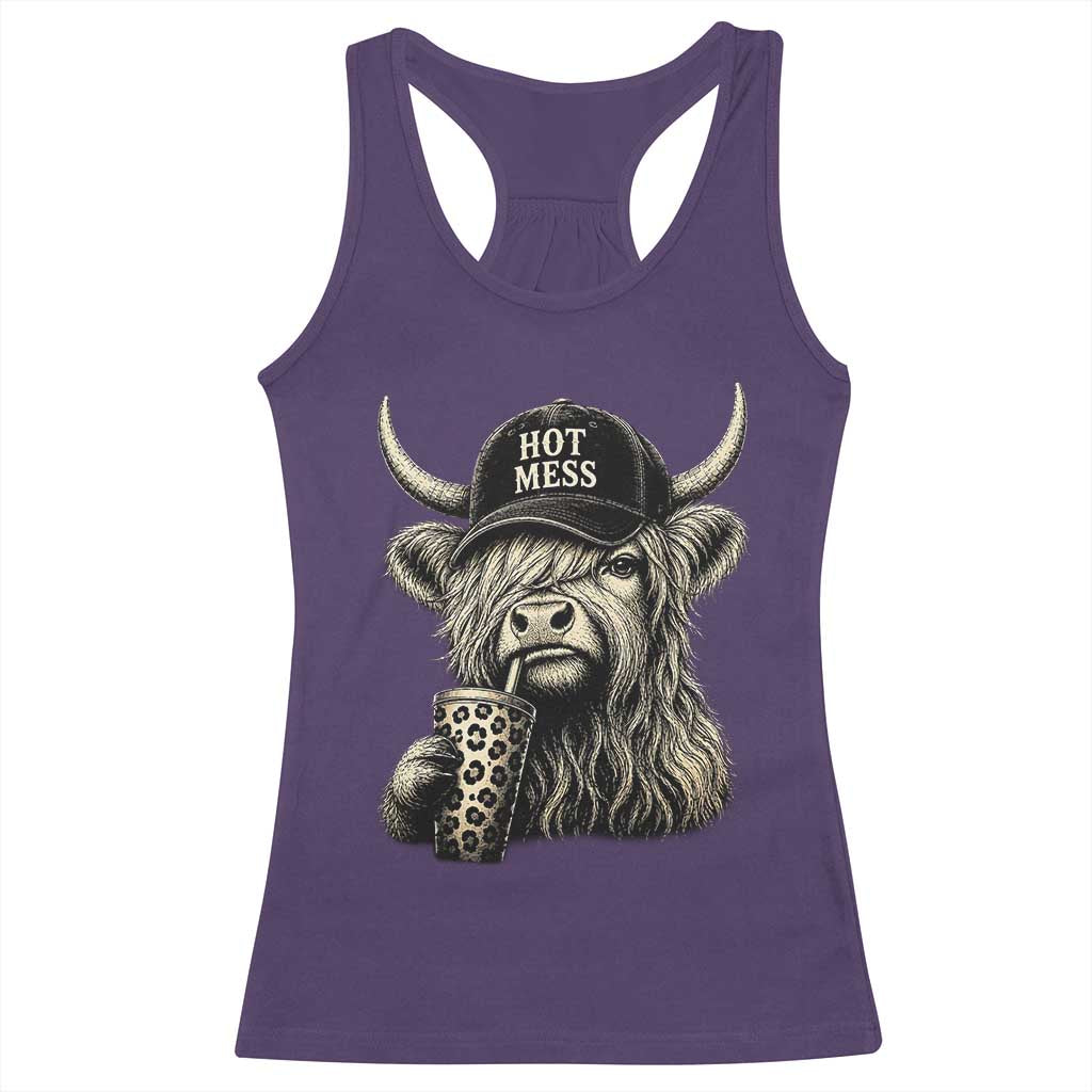 Hot Mess Highland Cow Sipping Iced Coffee Meme Racerback Tank Top Funny Sarcastic Everyday Life Country Western Style