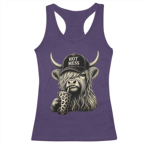 Hot Mess Highland Cow Sipping Iced Coffee Meme Racerback Tank Top Funny Sarcastic Everyday Life Country Western Style