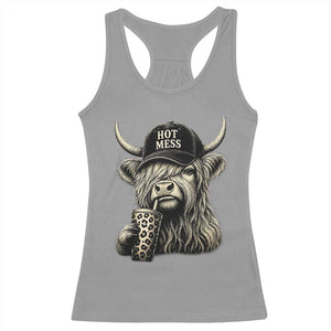 Hot Mess Highland Cow Sipping Iced Coffee Meme Racerback Tank Top Funny Sarcastic Everyday Life Country Western Style