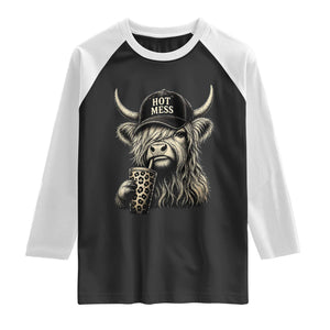 Hot Mess Highland Cow Sipping Iced Coffee Meme Raglan Shirt Funny Sarcastic Everyday Life Country Western Style