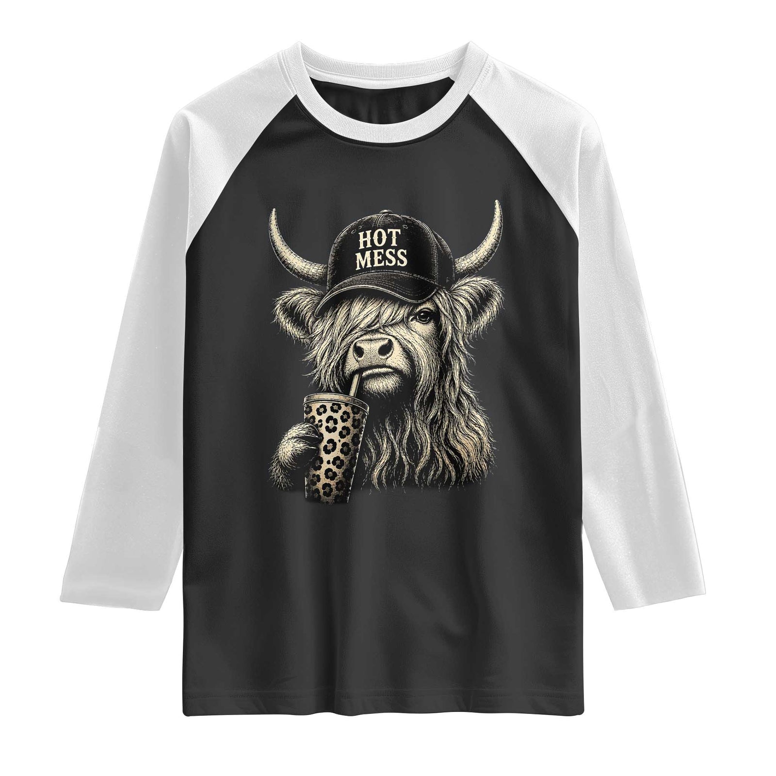 Hot Mess Highland Cow Sipping Iced Coffee Meme Raglan Shirt Funny Sarcastic Everyday Life Country Western Style TS02 Black White Print Your Wear