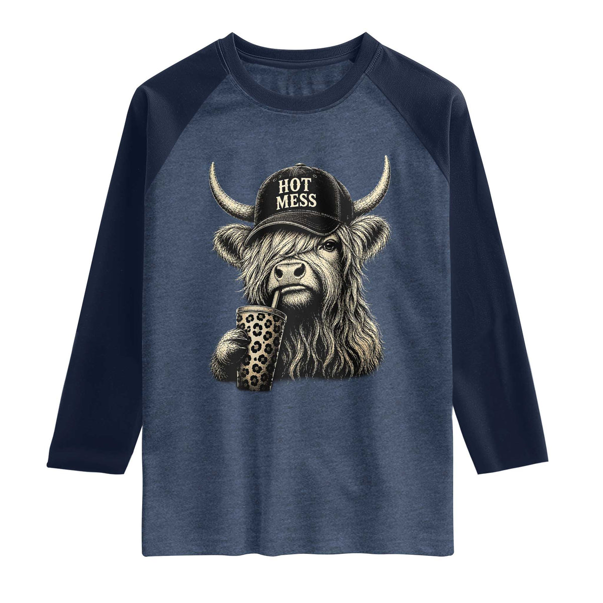 Hot Mess Highland Cow Sipping Iced Coffee Meme Raglan Shirt Funny Sarcastic Everyday Life Country Western Style