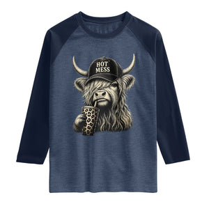 Hot Mess Highland Cow Sipping Iced Coffee Meme Raglan Shirt Funny Sarcastic Everyday Life Country Western Style