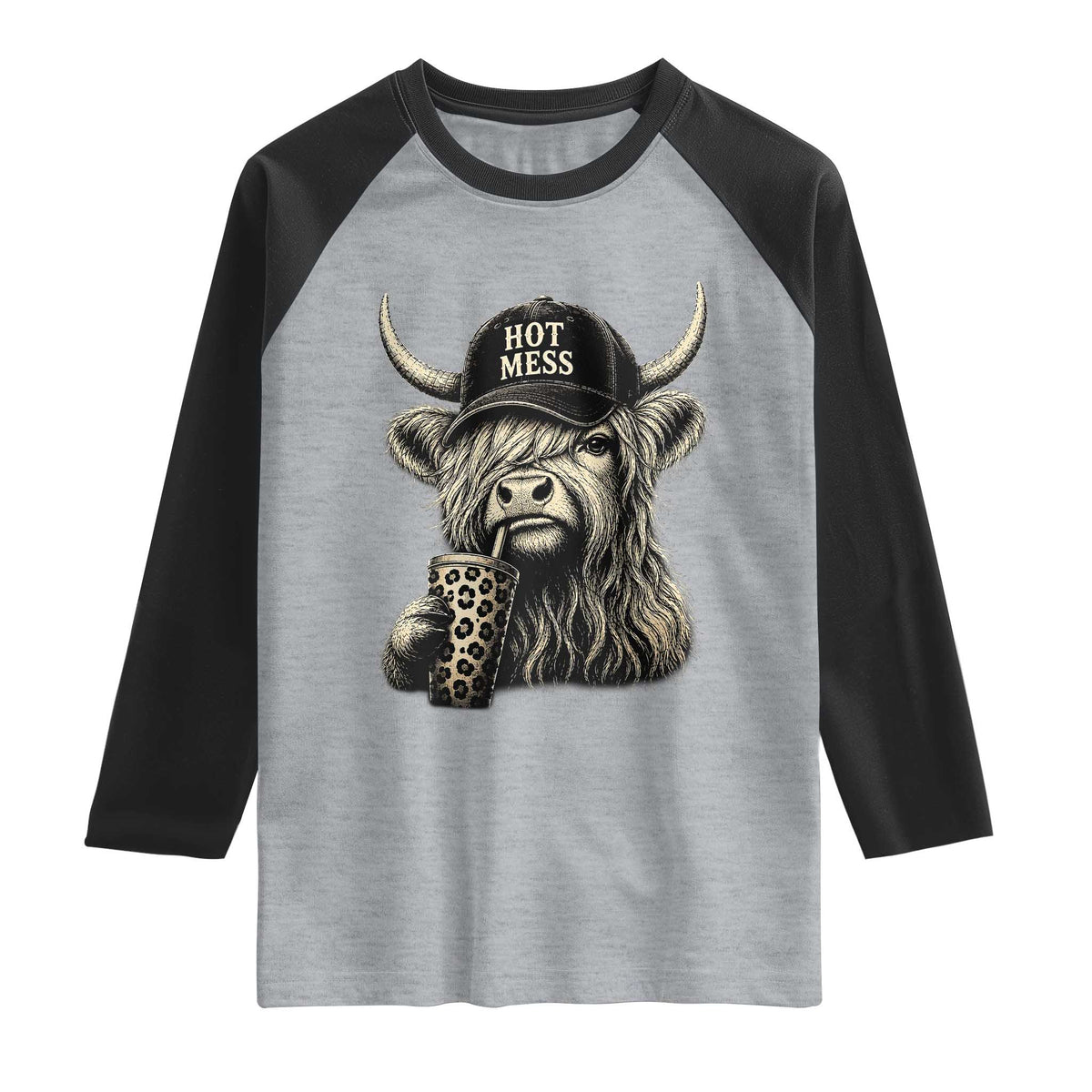 Hot Mess Highland Cow Sipping Iced Coffee Meme Raglan Shirt Funny Sarcastic Everyday Life Country Western Style
