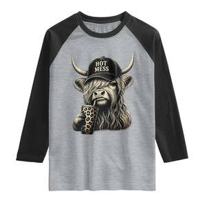 Hot Mess Highland Cow Sipping Iced Coffee Meme Raglan Shirt Funny Sarcastic Everyday Life Country Western Style