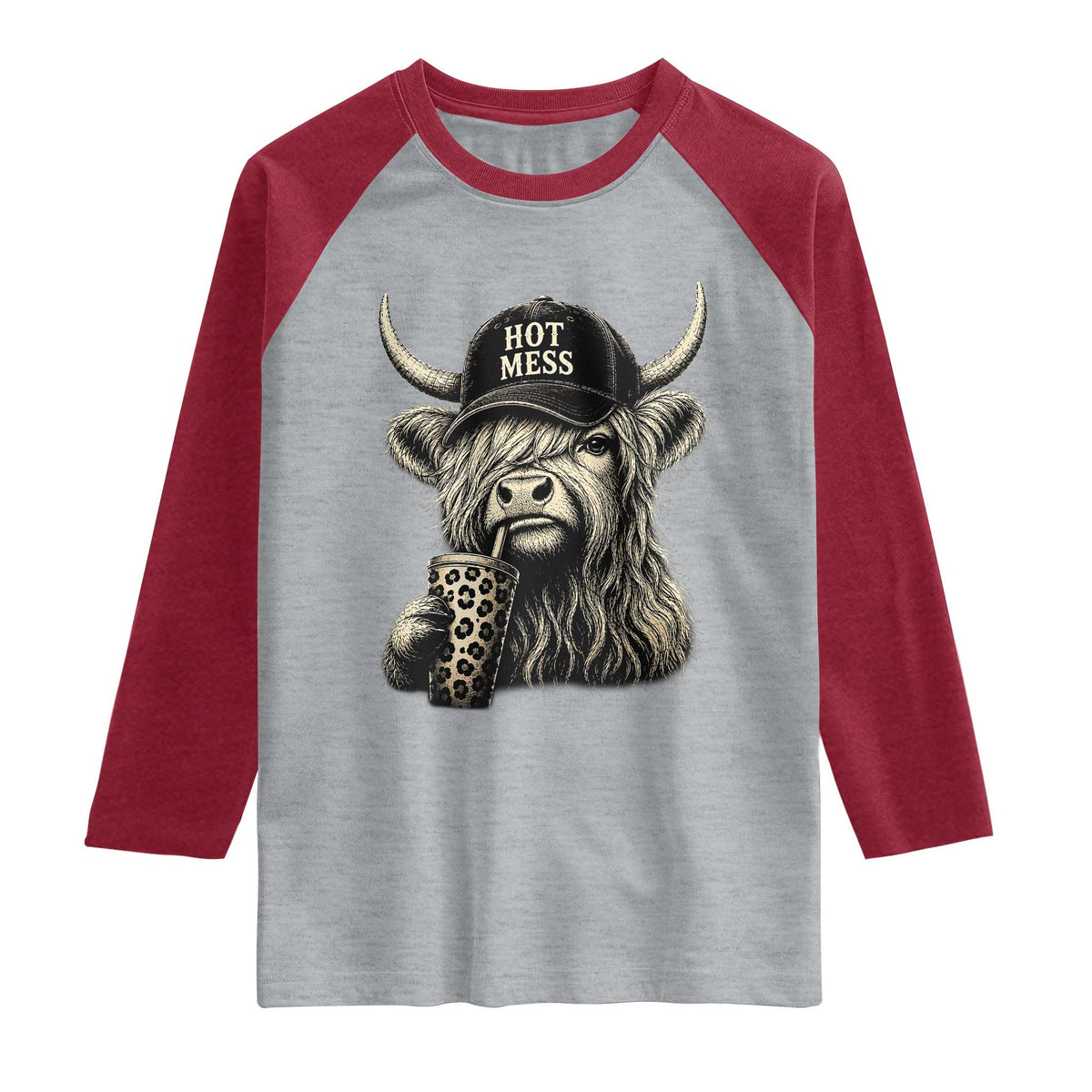 Hot Mess Highland Cow Sipping Iced Coffee Meme Raglan Shirt Funny Sarcastic Everyday Life Country Western Style