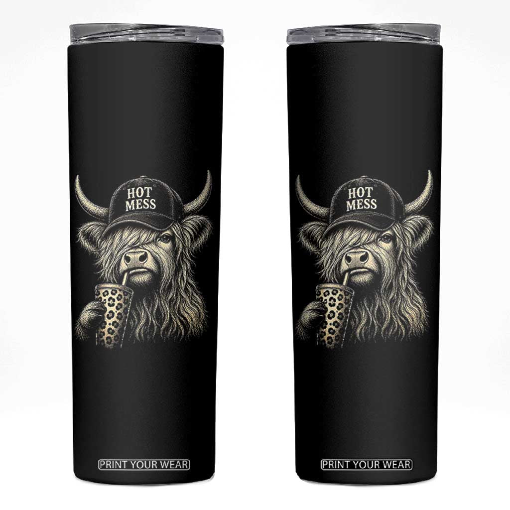 Hot Mess Highland Cow Sipping Iced Coffee Meme Skinny Tumbler Funny Sarcastic Everyday Life Country Western Style TS02 Black Print Your Wear