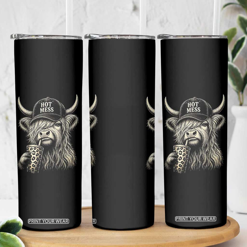 Hot Mess Highland Cow Sipping Iced Coffee Meme Skinny Tumbler Funny Sarcastic Everyday Life Country Western Style TS02 Print Your Wear