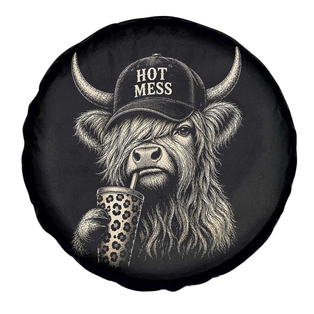 Hot Mess Highland Cow Sipping Iced Coffee Meme Spare Tire Cover Funny Sarcastic Everyday Life Country Western Style