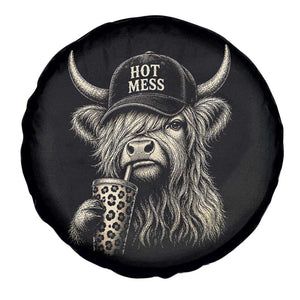 Hot Mess Highland Cow Sipping Iced Coffee Meme Spare Tire Cover Funny Sarcastic Everyday Life Country Western Style