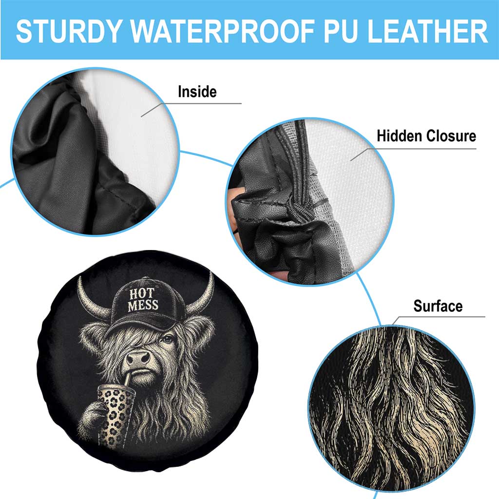 Hot Mess Highland Cow Sipping Iced Coffee Meme Spare Tire Cover Funny Sarcastic Everyday Life Country Western Style