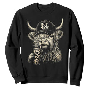 Hot Mess Highland Cow Sipping Iced Coffee Meme Sweatshirt Funny Sarcastic Everyday Life Country Western Style TS02 Black Print Your Wear