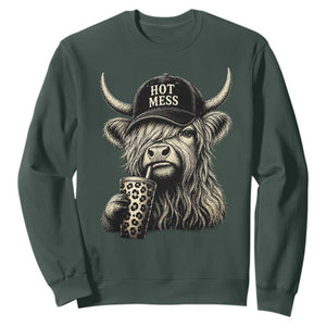 Hot Mess Highland Cow Sipping Iced Coffee Meme Sweatshirt Funny Sarcastic Everyday Life Country Western Style TS02 Dark Forest Green Print Your Wear