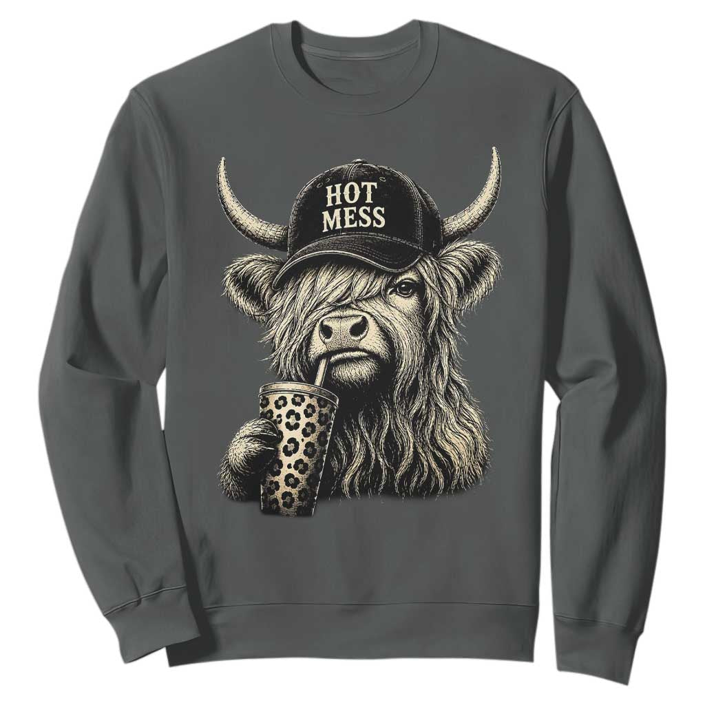 Hot Mess Highland Cow Sipping Iced Coffee Meme Sweatshirt Funny Sarcastic Everyday Life Country Western Style TS02 Dark Heather Print Your Wear
