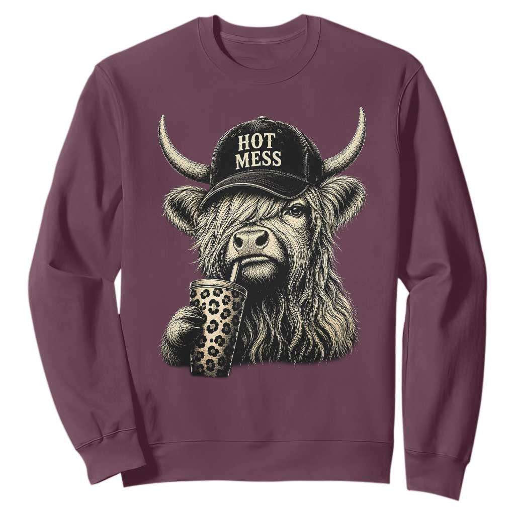Hot Mess Highland Cow Sipping Iced Coffee Meme Sweatshirt Funny Sarcastic Everyday Life Country Western Style TS02 Maroon Print Your Wear