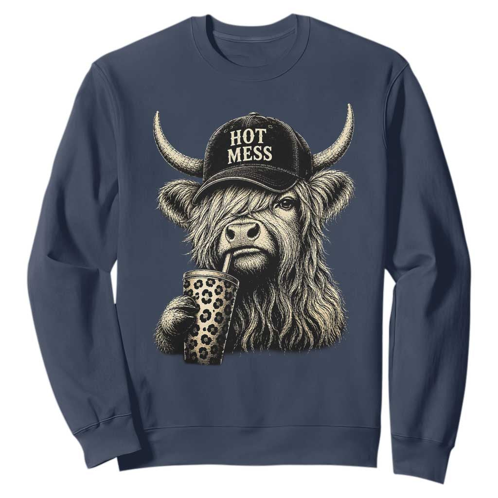 Hot Mess Highland Cow Sipping Iced Coffee Meme Sweatshirt Funny Sarcastic Everyday Life Country Western Style TS02 Navy Print Your Wear