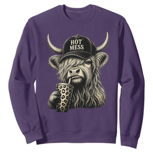 Hot Mess Highland Cow Sipping Iced Coffee Meme Sweatshirt Funny Sarcastic Everyday Life Country Western Style TS02 Purple Print Your Wear