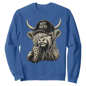 Hot Mess Highland Cow Sipping Iced Coffee Meme Sweatshirt Funny Sarcastic Everyday Life Country Western Style TS02 Royal Blue Print Your Wear