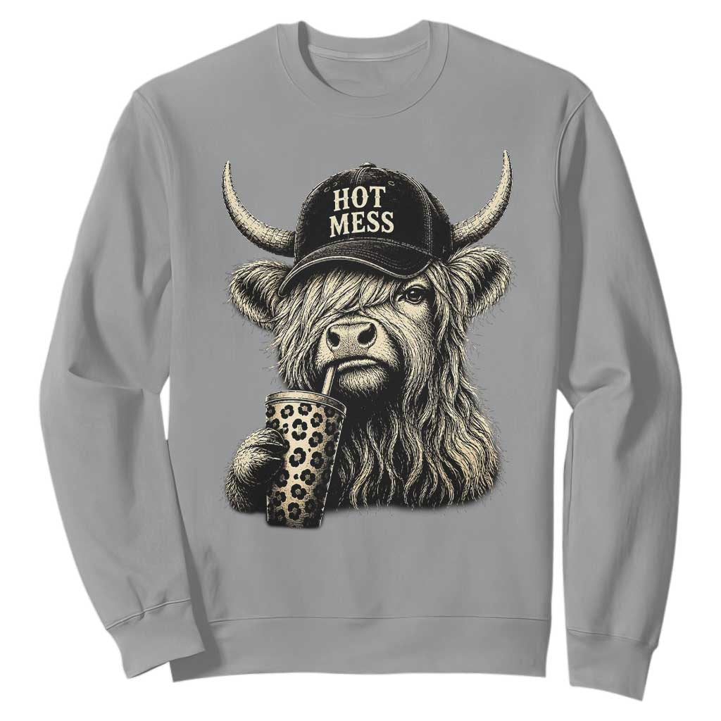 Hot Mess Highland Cow Sipping Iced Coffee Meme Sweatshirt Funny Sarcastic Everyday Life Country Western Style TS02 Sport Gray Print Your Wear