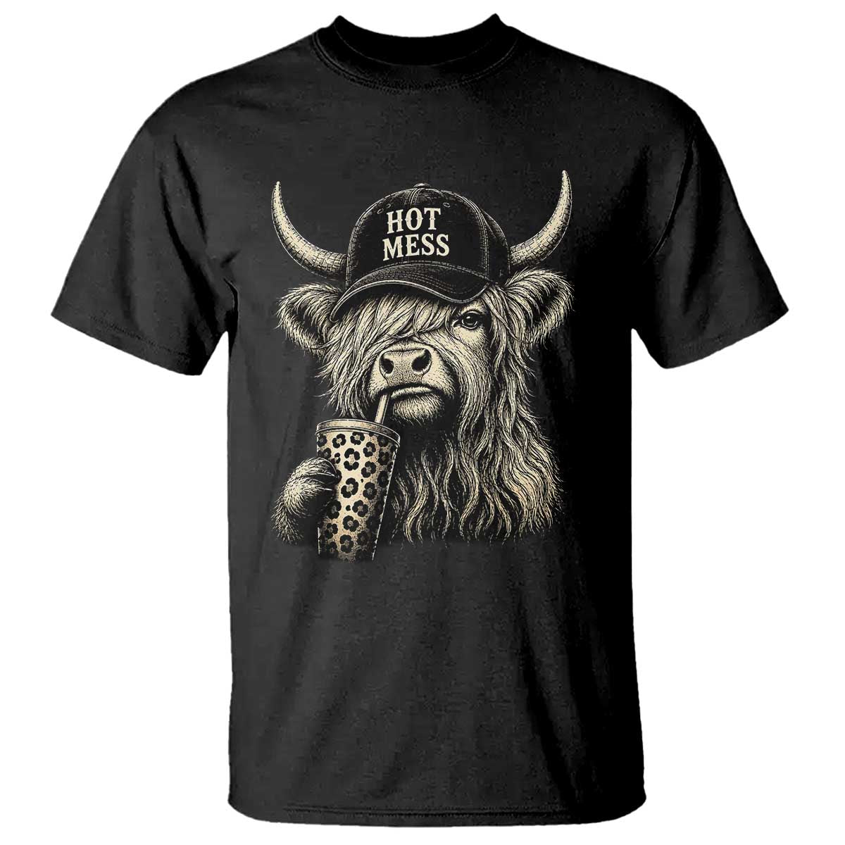 Hot Mess Highland Cow Sipping Iced Coffee Meme T Shirt Funny Sarcastic Everyday Life Country Western Style TS02 Black Print Your Wear