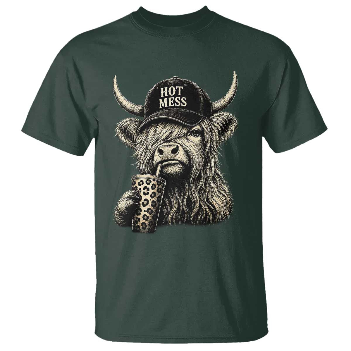 Hot Mess Highland Cow Sipping Iced Coffee Meme T Shirt Funny Sarcastic Everyday Life Country Western Style TS02 Dark Forest Green Print Your Wear
