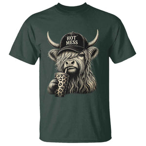 Hot Mess Highland Cow Sipping Iced Coffee Meme T Shirt Funny Sarcastic Everyday Life Country Western Style TS02 Dark Forest Green Print Your Wear
