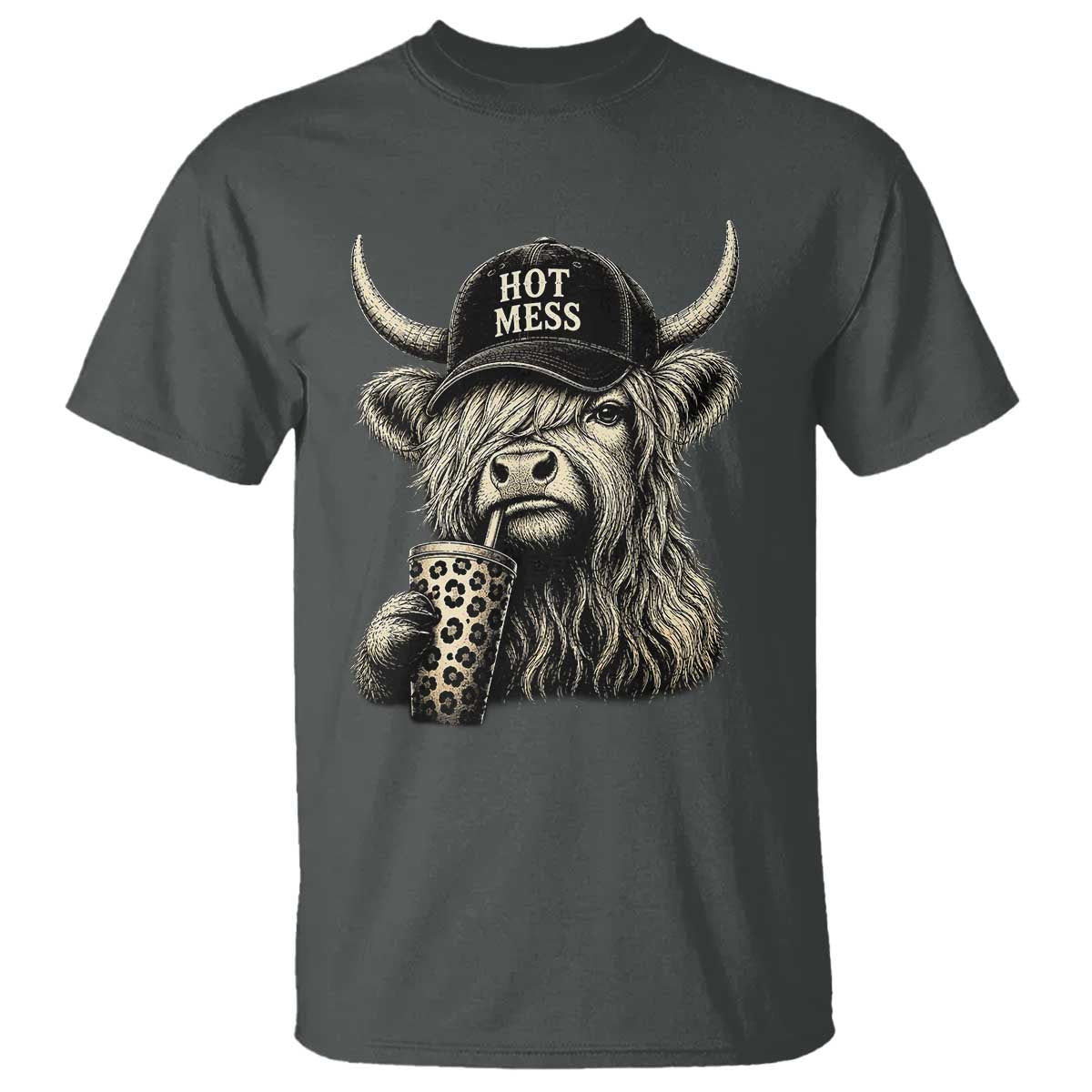 Hot Mess Highland Cow Sipping Iced Coffee Meme T Shirt Funny Sarcastic Everyday Life Country Western Style TS02 Dark Heather Print Your Wear
