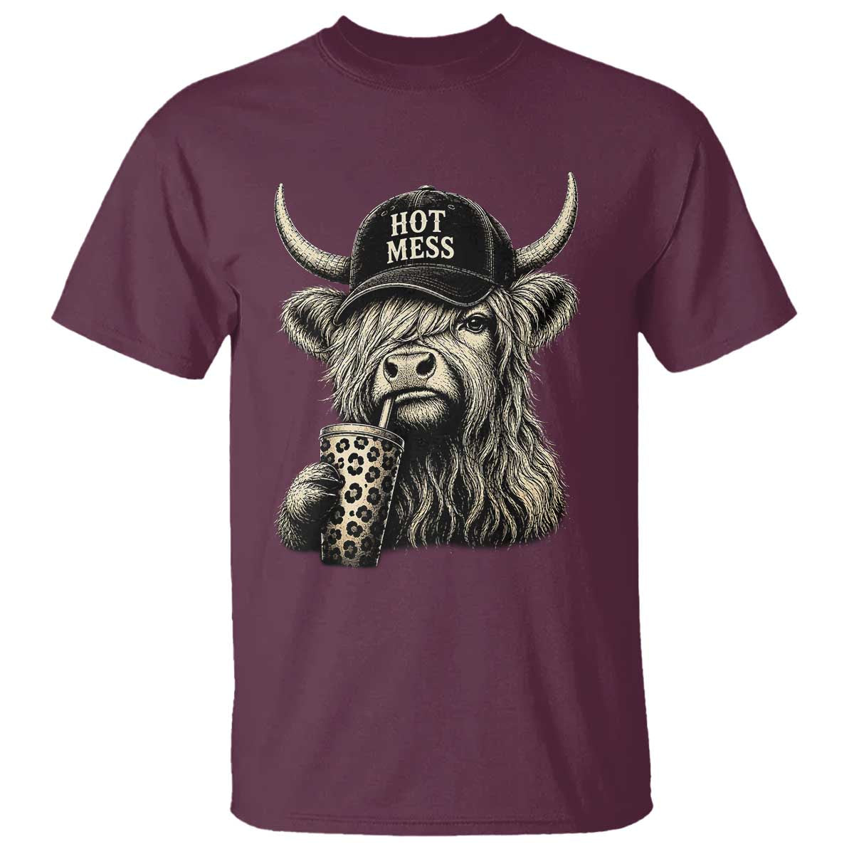 Hot Mess Highland Cow Sipping Iced Coffee Meme T Shirt Funny Sarcastic Everyday Life Country Western Style TS02 Maroon Print Your Wear