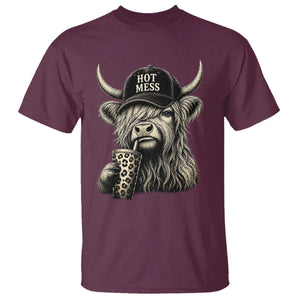Hot Mess Highland Cow Sipping Iced Coffee Meme T Shirt Funny Sarcastic Everyday Life Country Western Style TS02 Maroon Print Your Wear
