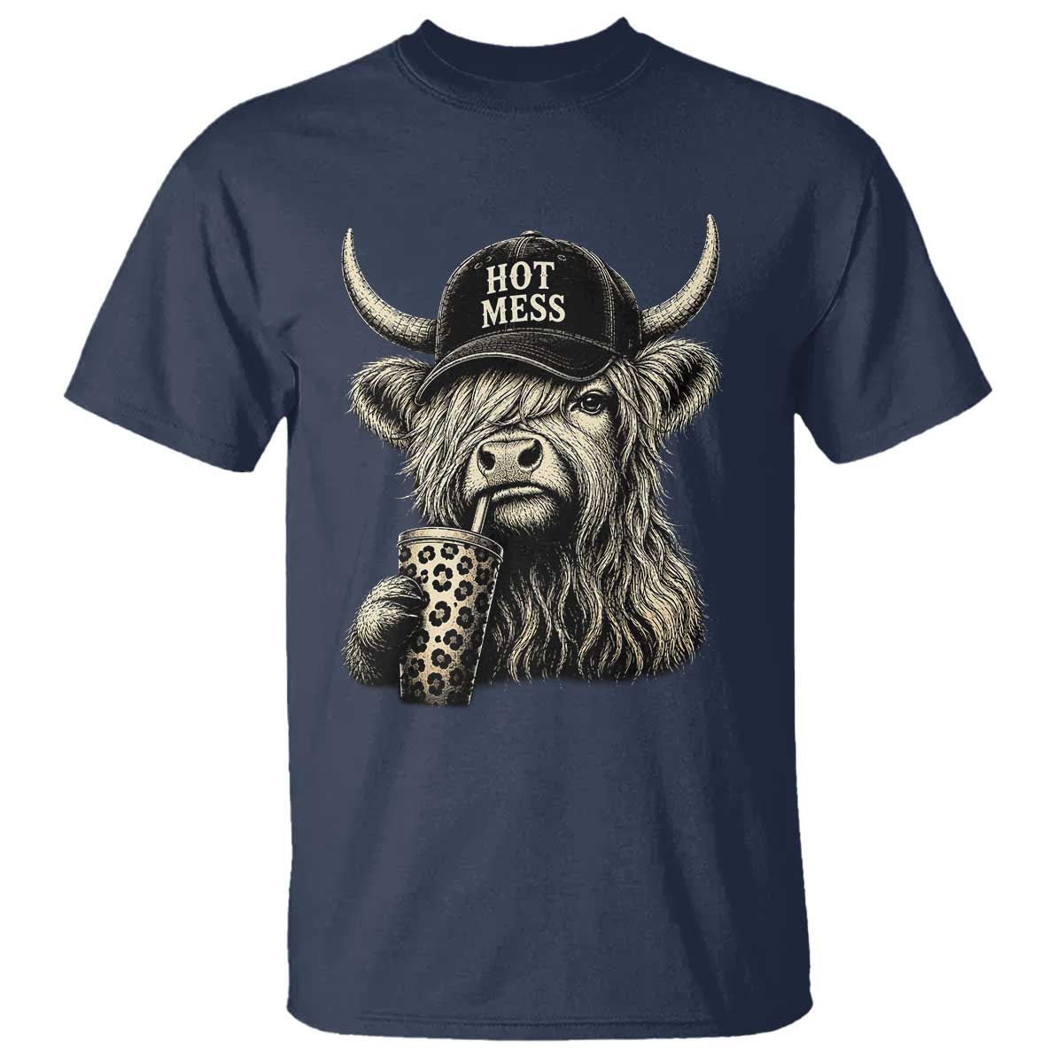 Hot Mess Highland Cow Sipping Iced Coffee Meme T Shirt Funny Sarcastic Everyday Life Country Western Style TS02 Navy Print Your Wear