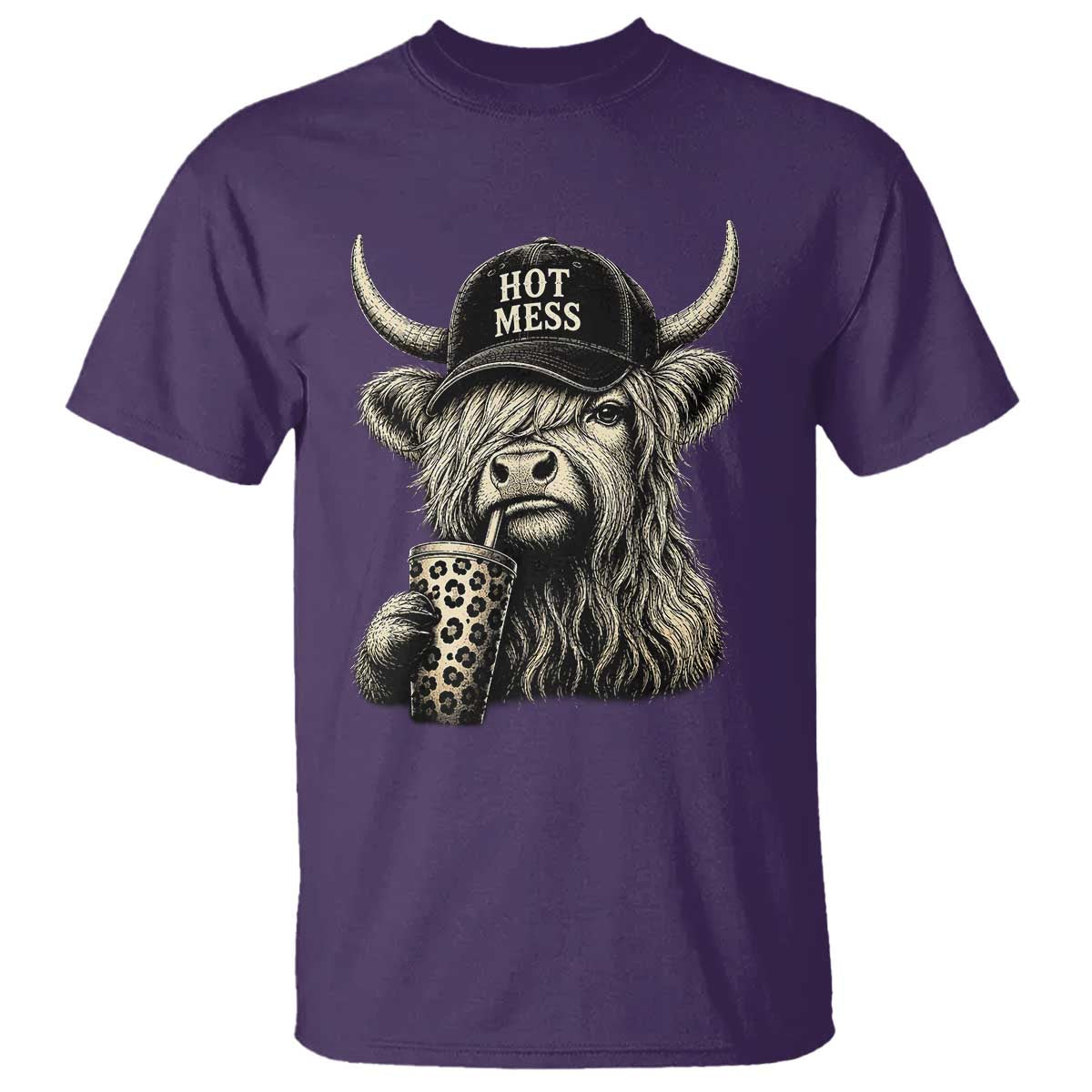 Hot Mess Highland Cow Sipping Iced Coffee Meme T Shirt Funny Sarcastic Everyday Life Country Western Style TS02 Purple Print Your Wear