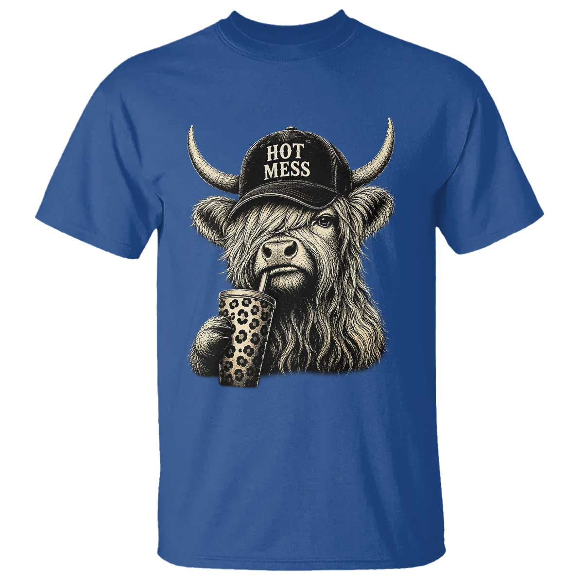Hot Mess Highland Cow Sipping Iced Coffee Meme T Shirt Funny Sarcastic Everyday Life Country Western Style TS02 Royal Blue Print Your Wear
