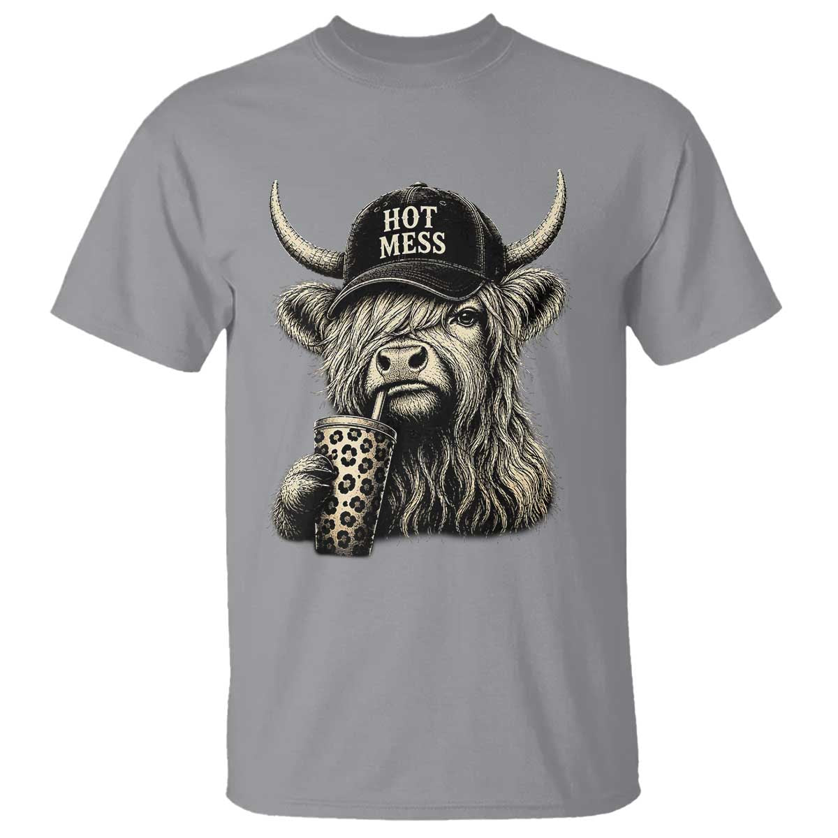 Hot Mess Highland Cow Sipping Iced Coffee Meme T Shirt Funny Sarcastic Everyday Life Country Western Style TS02 Sport Gray Print Your Wear