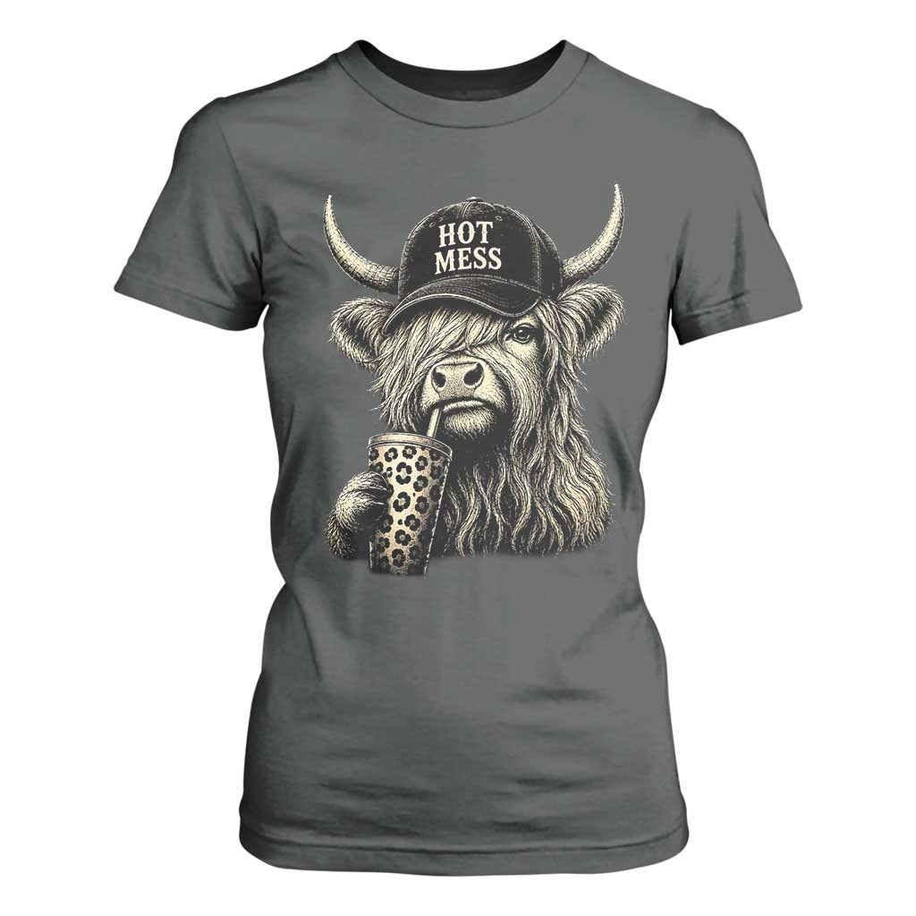 Hot Mess Highland Cow Sipping Iced Coffee Meme T Shirt For Women Funny Sarcastic Everyday Life Country Western Style TS02 Dark Heather Print Your Wear