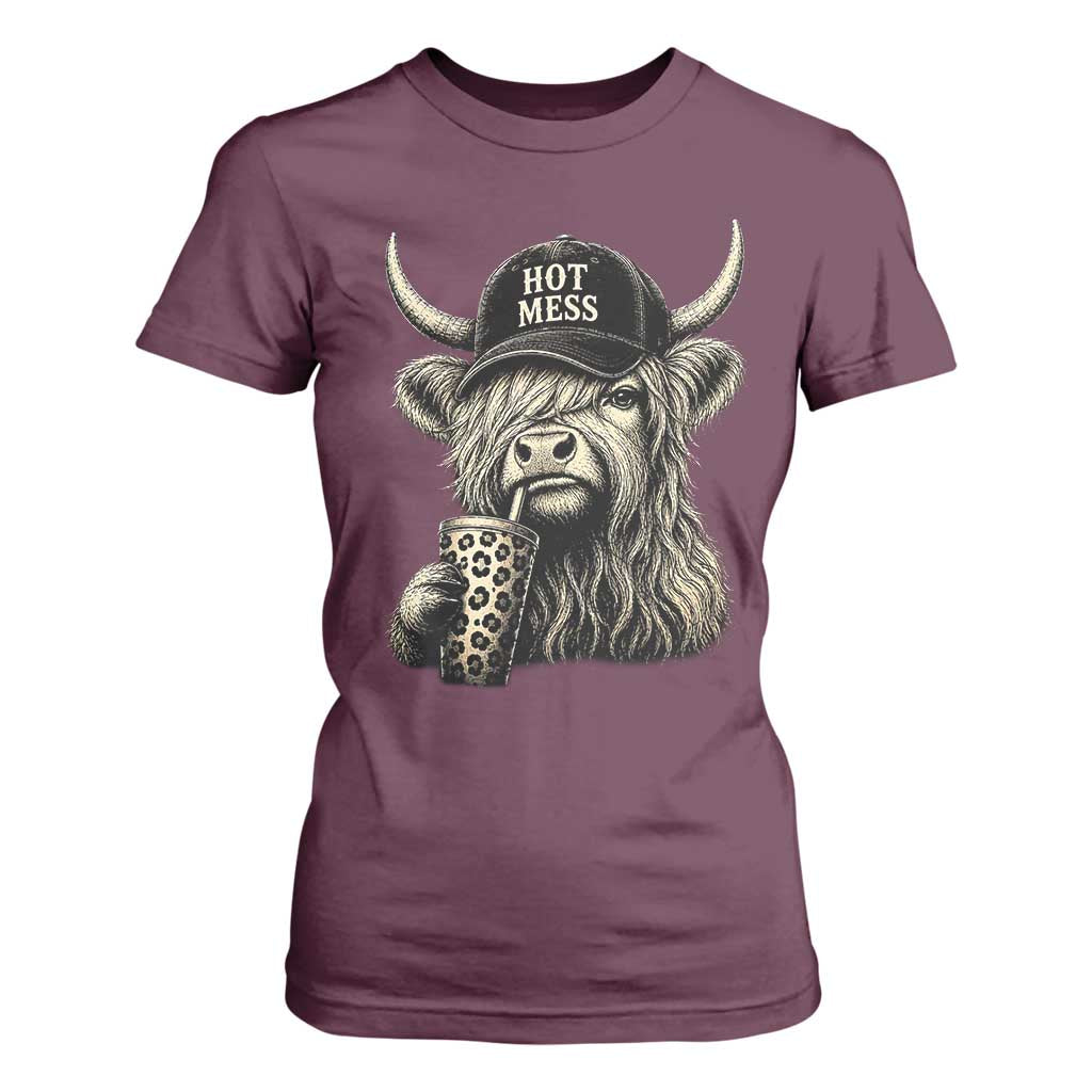 Hot Mess Highland Cow Sipping Iced Coffee Meme T Shirt For Women Funny Sarcastic Everyday Life Country Western Style TS02 Maroon Print Your Wear