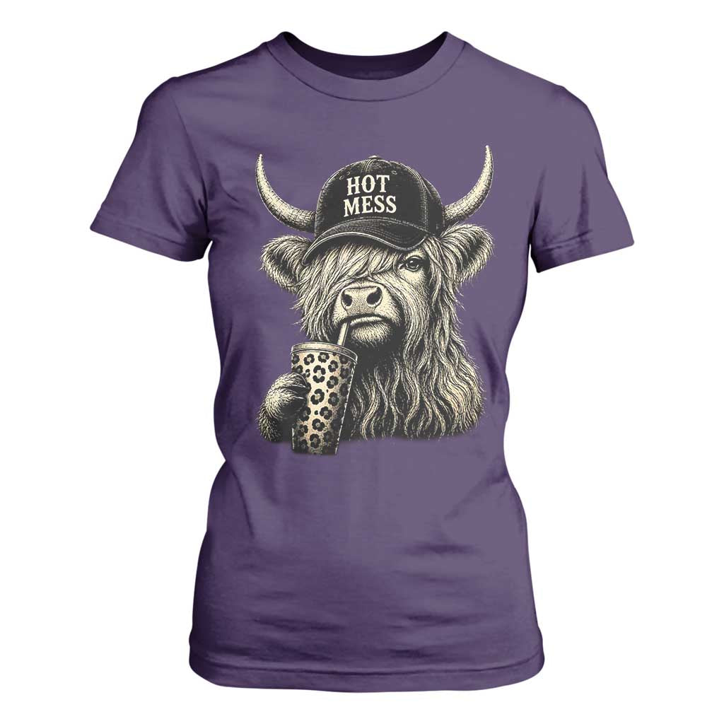 Hot Mess Highland Cow Sipping Iced Coffee Meme T Shirt For Women Funny Sarcastic Everyday Life Country Western Style TS02 Purple Print Your Wear