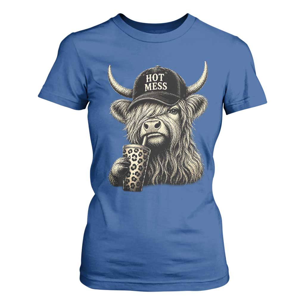 Hot Mess Highland Cow Sipping Iced Coffee Meme T Shirt For Women Funny Sarcastic Everyday Life Country Western Style TS02 Royal Blue Print Your Wear