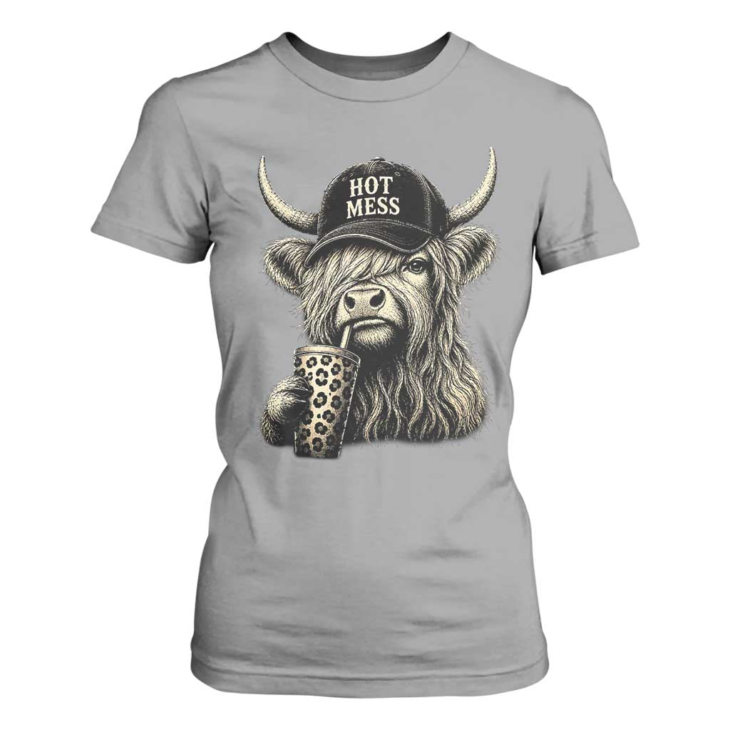 Hot Mess Highland Cow Sipping Iced Coffee Meme T Shirt For Women Funny Sarcastic Everyday Life Country Western Style TS02 Sport Gray Print Your Wear