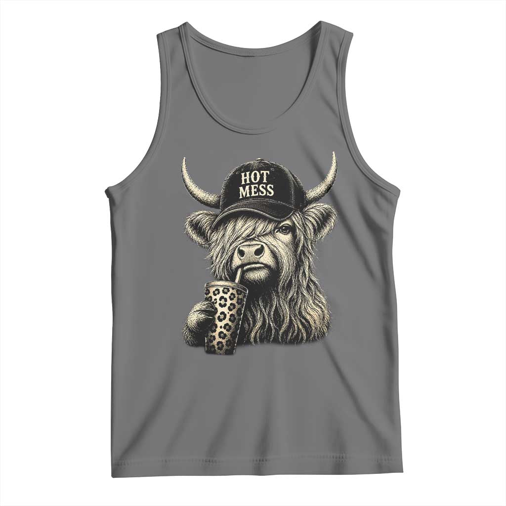 Hot Mess Highland Cow Sipping Iced Coffee Meme Tank Top Funny Sarcastic Everyday Life Country Western Style