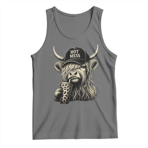 Hot Mess Highland Cow Sipping Iced Coffee Meme Tank Top Funny Sarcastic Everyday Life Country Western Style