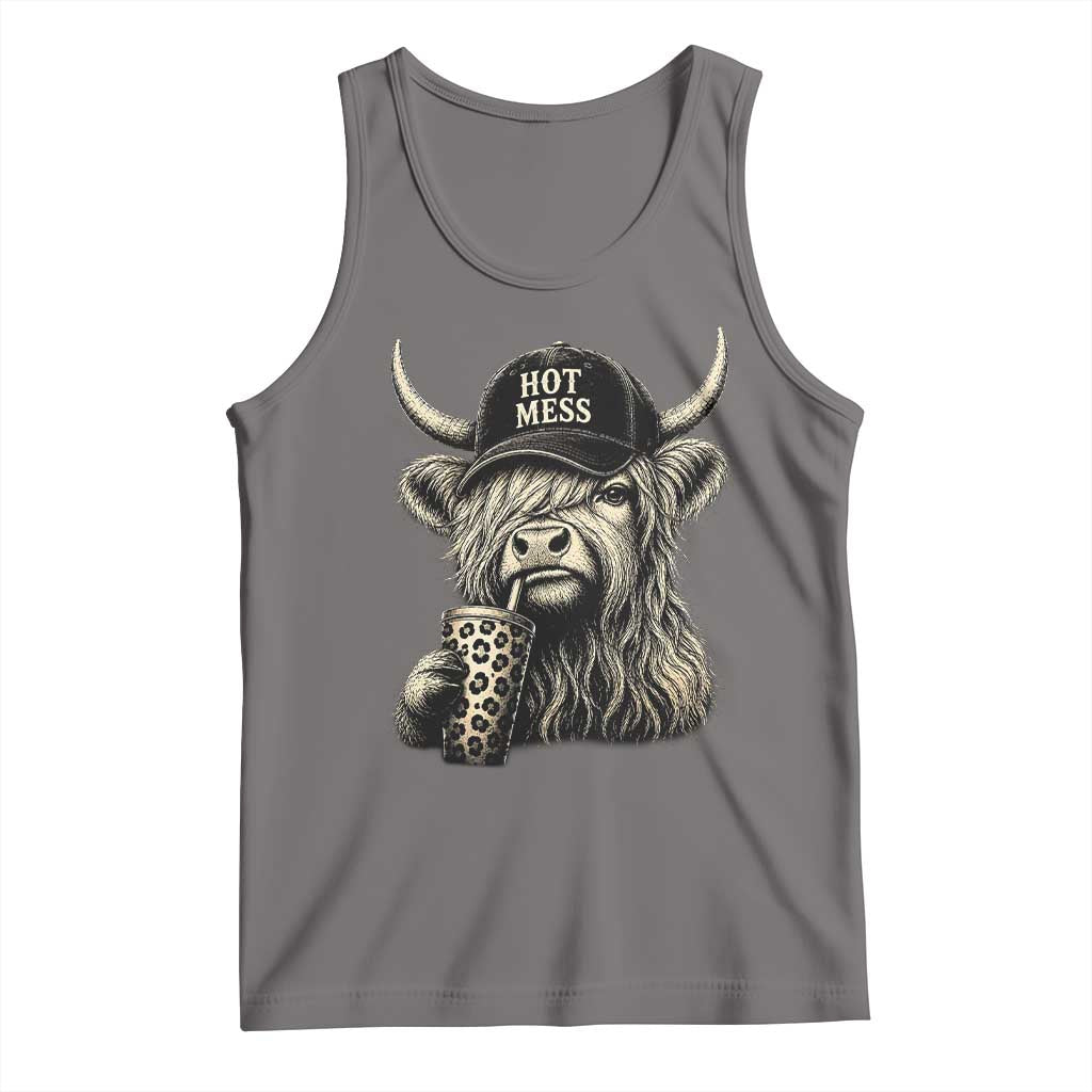 Hot Mess Highland Cow Sipping Iced Coffee Meme Tank Top Funny Sarcastic Everyday Life Country Western Style