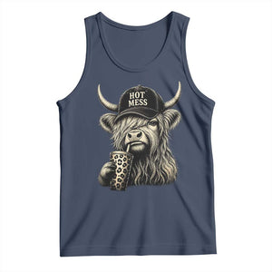 Hot Mess Highland Cow Sipping Iced Coffee Meme Tank Top Funny Sarcastic Everyday Life Country Western Style