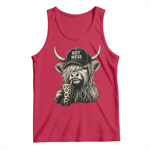 Hot Mess Highland Cow Sipping Iced Coffee Meme Tank Top Funny Sarcastic Everyday Life Country Western Style