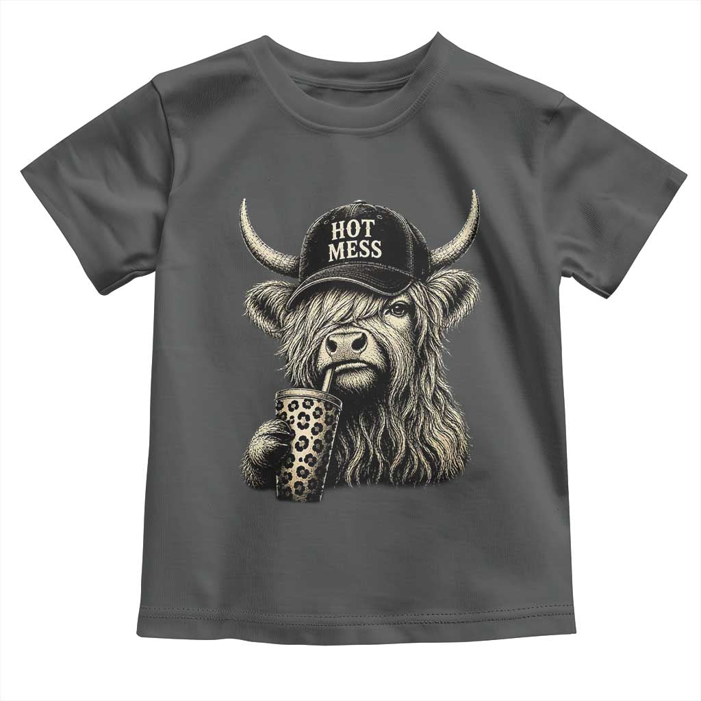 Hot Mess Highland Cow Sipping Iced Coffee Meme Toddler T Shirt Funny Sarcastic Everyday Life Country Western Style